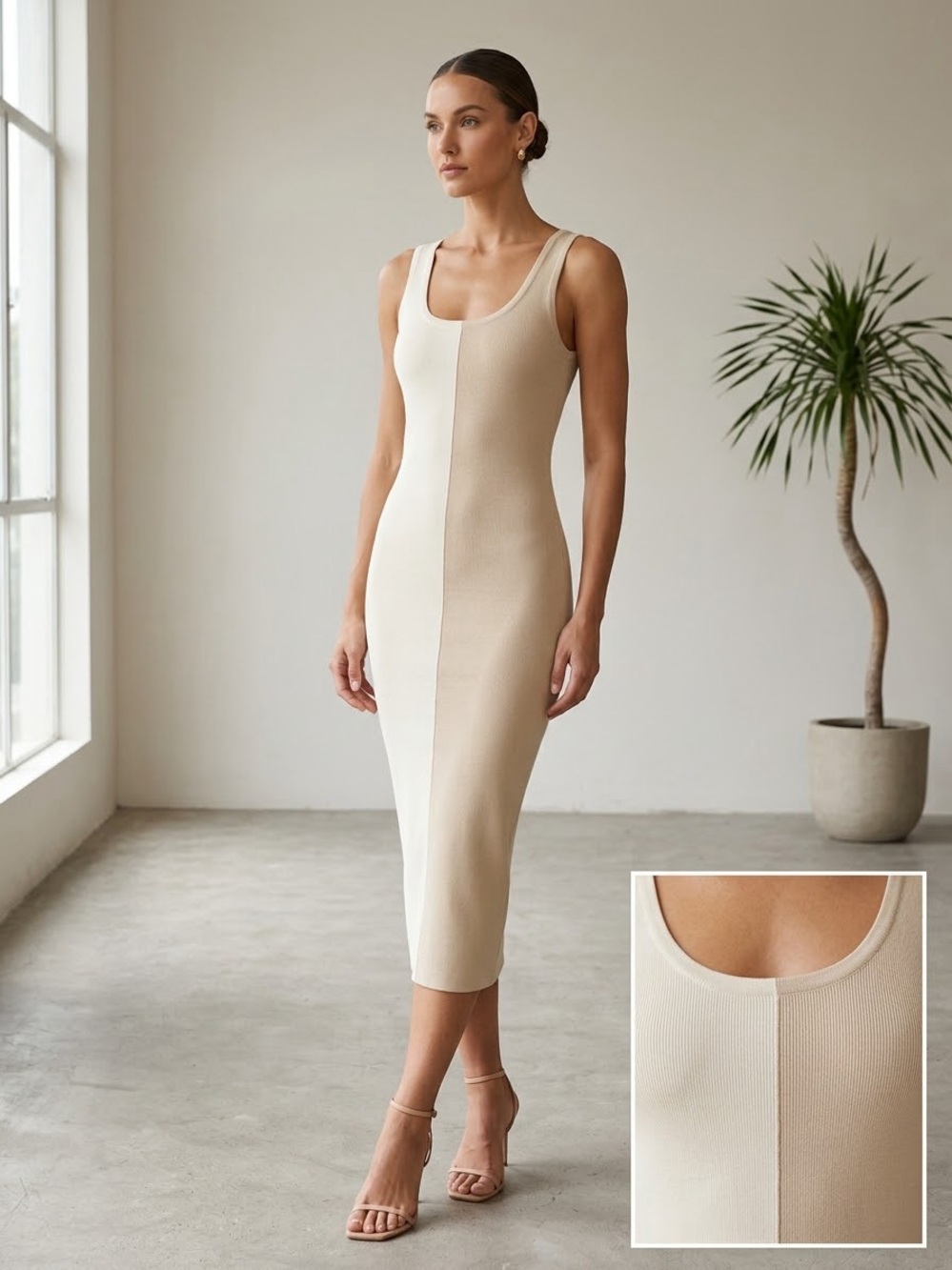 Torn by Ronny Kobo Two-Tone Ribbed Sleeveless Midi Dress - Cream & Beige